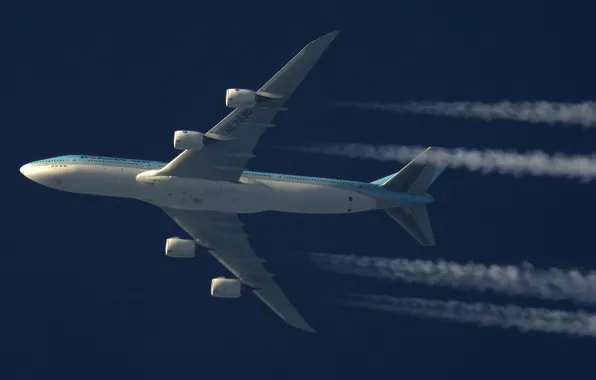 Самолет, Boeing, Boeing 747-8 Intercontinental, Авиалайнер, Boeing 747, Korean Air, В полете, Инверсионный след