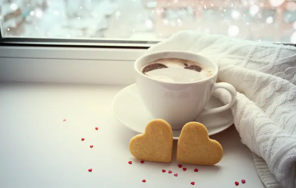 Картинка любовь, кофе, чашка, hearts, bokeh, valentine's day