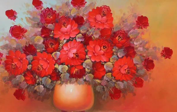 Красный, Цветы, букет, ваза