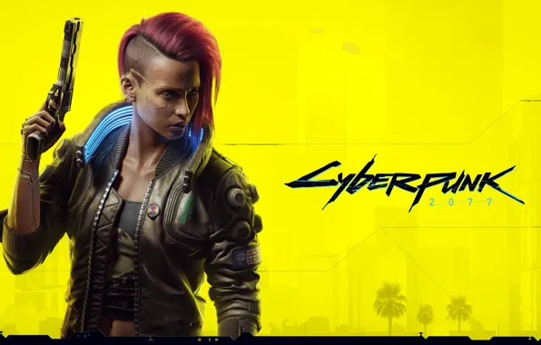 Gun, character, yellow, cyberpunk, female, Cyberpunk 2077, jacket, cyberpunk 2077