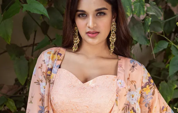 Bokeh, Portrait, Makeup, Clothes, Earrings, Nidhhi Agerwal, Indian actress, Mini Dress