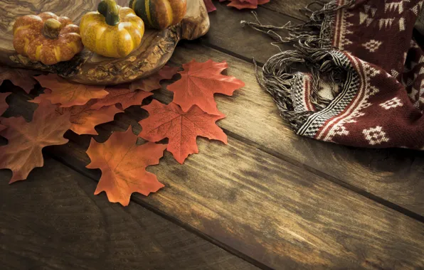 Картинка осень, листья, фон, дерево, доски, colorful, тыква, клен