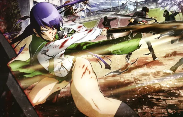 Взгляд, поза, меч, аниме, Саэко Бусудзима, Школа Мертвецов, Highschool of the Dead, cериал