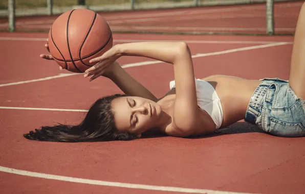 Девушка, лицо, лежит, милашка, баскетбольный мяч