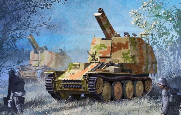 Рисунок, арт, сверчок, самоходная гаубица, Panzerhaubitze, Grille, немецкая самоходная артиллерийская установка, Sd.Kfz. 138/1 ausf. m
