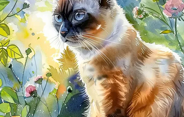Картинка Цветы, Взгляд, Кошка, Кот, Арт, Цифровое искусство, Сиамская, ИИ-арт