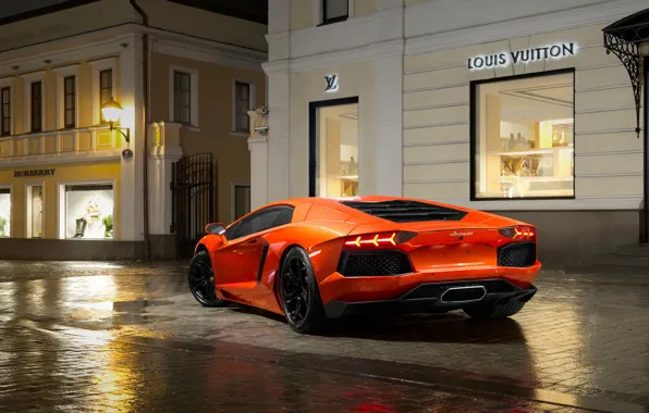 Авто, Ночь, Lamborghini, Оранжевый, Суперкар, Ламборгини, LP700-4, Aventador