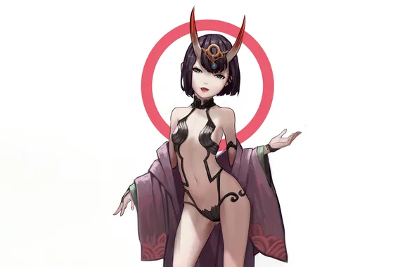 Girl, sexy, lingerie, yukata, cleavage, horns, bodysuit, boobs