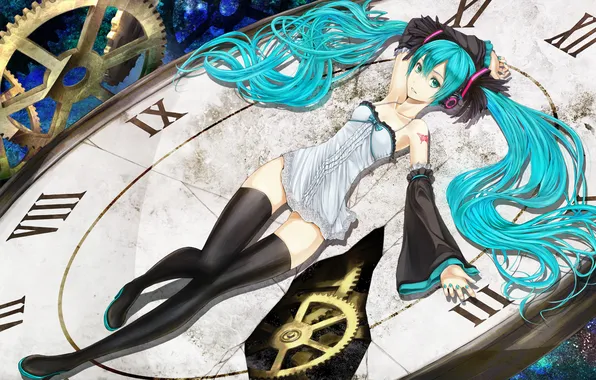 Девушка, часы, механизм, чулки, наушники, циферблат, vocaloid, hatsune miku