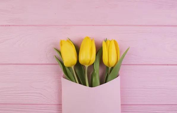 Картинка цветы, букет, желтые, тюльпаны, fresh, yellow, wood, pink