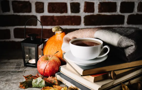 Осень, листья, чай, книги, яблоко, тыква, напиток