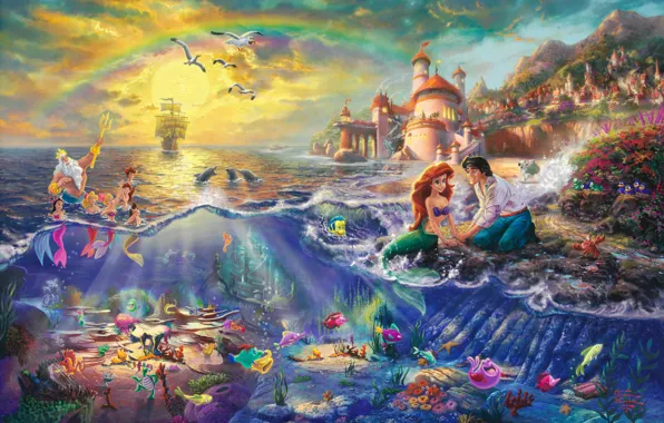 Замок, мультфильм, радуга, парус, принц, живопись, принцесса, Ariel