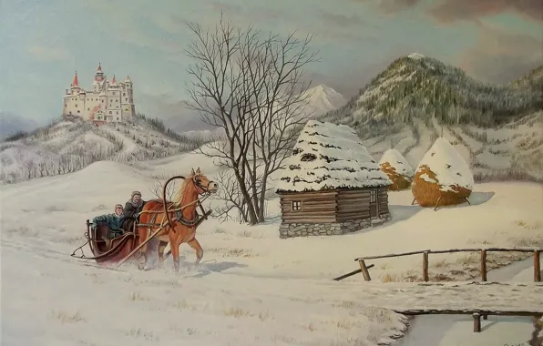 Картинка зима, снег, деревья, мост, дом, замок, лошадь, сани