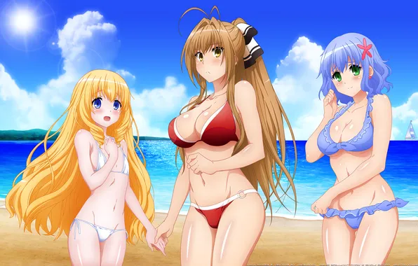 Sexy, cleavage, beach, Muse, sky, green eyes, long hair, sea