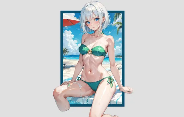 Kawaii, girl, hot, sexy, wet, beach, ocean, anime