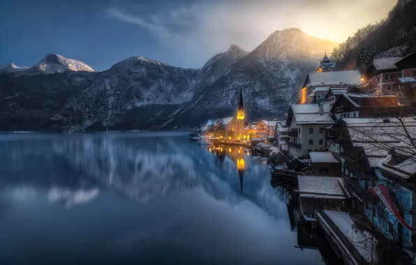 Картинка свет, горы, город, озеро, Австрия, поселок