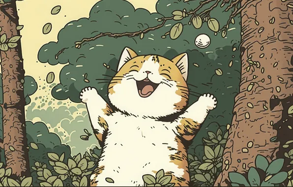 Кошка, кот, листья, радость, природа, поза, улыбка, дерево