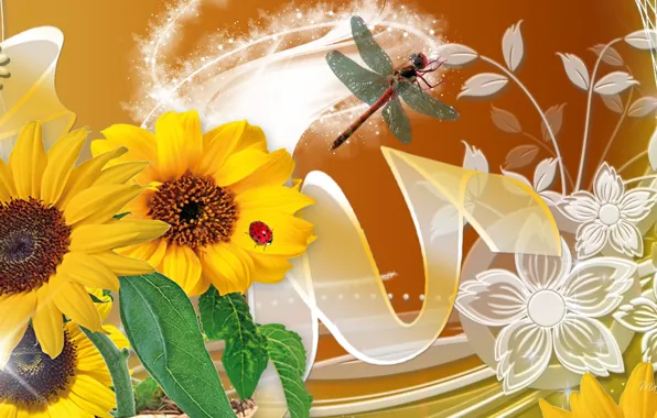 Цветы, насекомые, природа, коллаж, божья коровка, стрекоза, лепестки