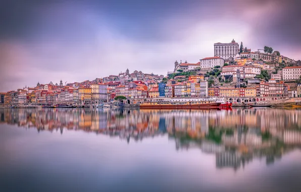 Отражение, река, здания, дома, Португалия, Portugal, Porto, Порту