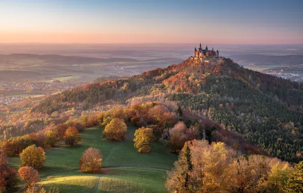 Осень, лес, замок, гора, Германия, долина, панорама, Germany