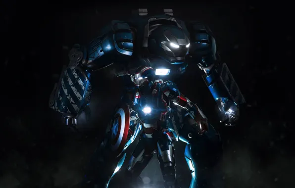 Картинка фантастика, робот, костюм, щит, Железный человек, Iron Man, Капитан Америка, Captain America