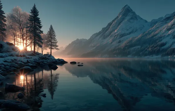 Вода, деревья, пейзаж, закат, горы, озеро, отражение, trees