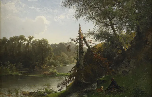 Природа, река, Альфред Валберг, Речной ландшафт с охотником и собакой