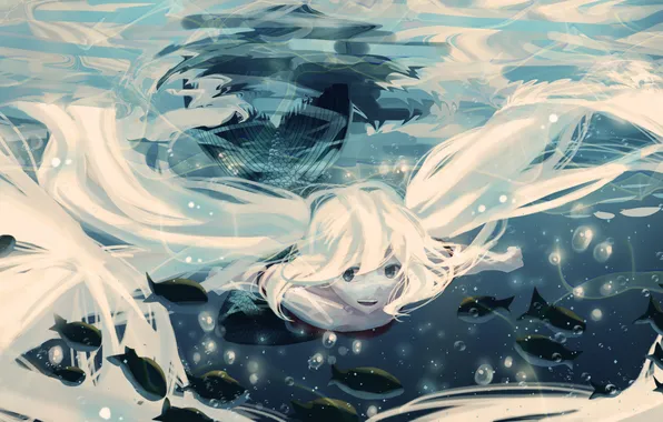 Картинка девушка, рыбы, русалка, арт, Hatsune Miku, Vocaloid, Вокалоид, под водой
