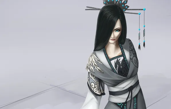 Картинка девушка, волосы, арт, наряд, кимоно, серый фон, заколка, forgotten-wings