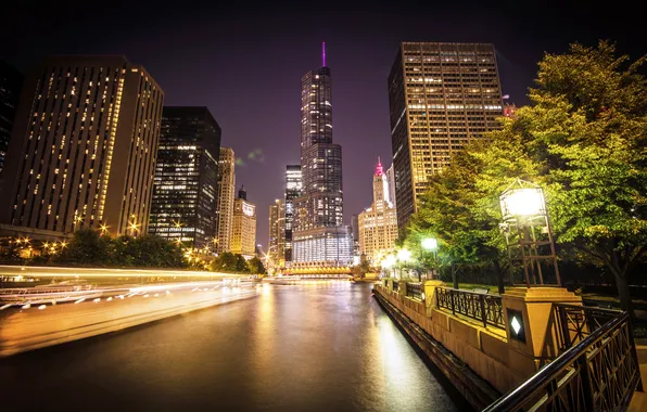 Картинка ночь, огни, река, здания, небоскребы, Чикаго, Chicago