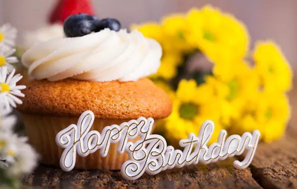 Цветы, день рождения, праздник, букет, черника, крем, десерт, кекс