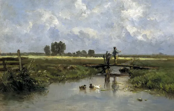 Река, ручей, картина, рыбак, мостик, Карлос де Хаэс, Фрисландский Пейзаж