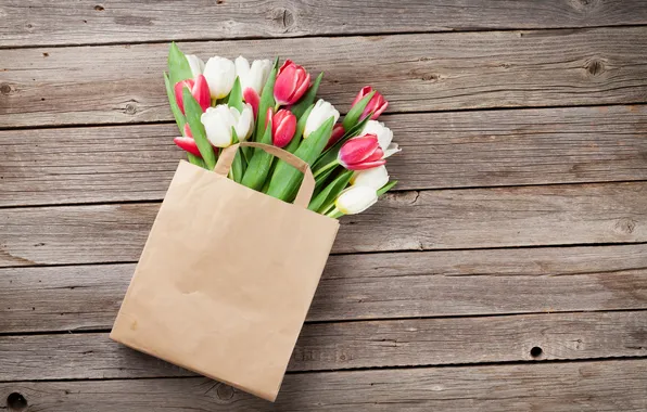 Картинка цветы, букет, тюльпаны, red, white, wood, flowers, tulips