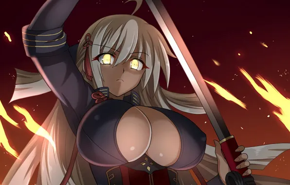 Girl, sword, sexy, cleavage, blouse, erect nipples, long hair, boobs