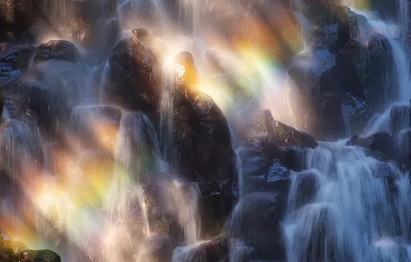 Вода, свет, брызги, природа, камни, водопад, радуга, поток