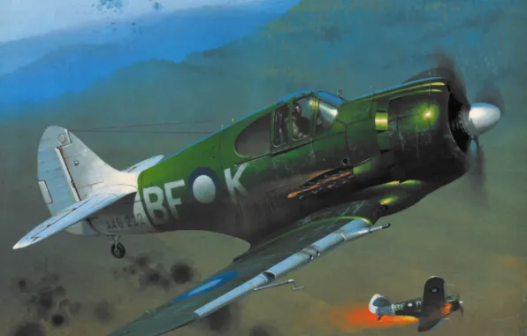 Картинка war, art, airplane, painting, aviation, ww2, CAC Boomerang