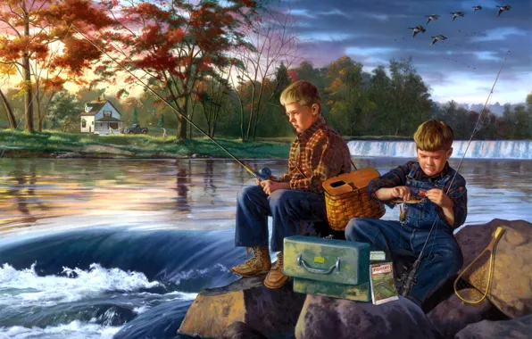 Картинка река, камни, рыбалка, живопись, друзья, мальчики, ранняя осень, Charles Freitag