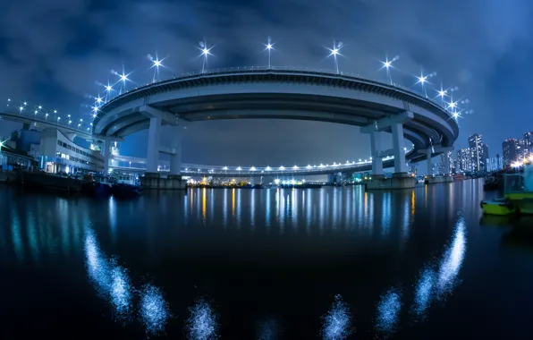 Картинка ночь, мост, город, огни, япония