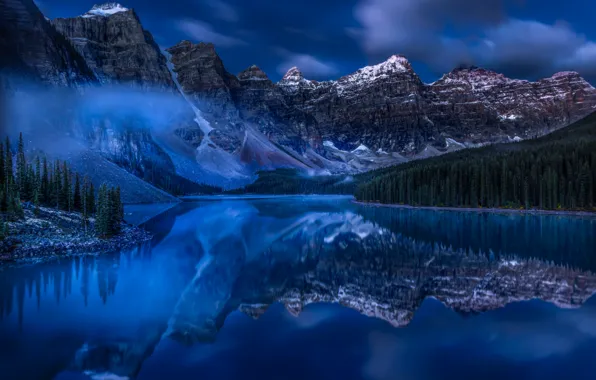 Лес, озеро, отражение, Канада, Альберта, Banff National Park, Alberta, Canada