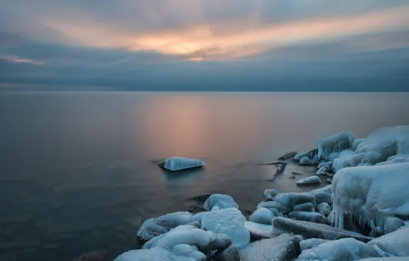 Картинка лед, зима, озеро, камни, Онтарио