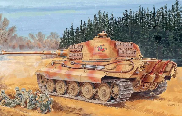 Картинка рисунок, вторая мировая, немцы, вермахт, тяжелый танк, Ron Volstad, королевский тигр, Tiger II