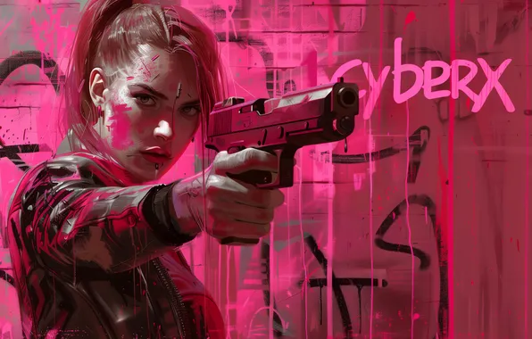 Women, AI art, illustration, looking at viewer, cyberpunk, punk, aiming, pink