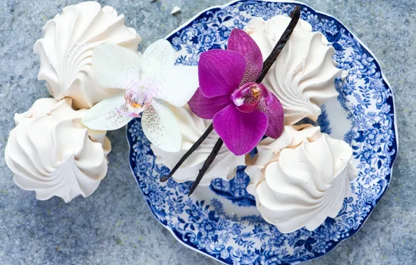 Белый, цветок, розовая, еда, тарелка, сладости, десерт, орхидея