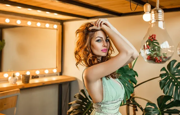 Style, model, redhead, pose, green dress, Георгий Дьяков