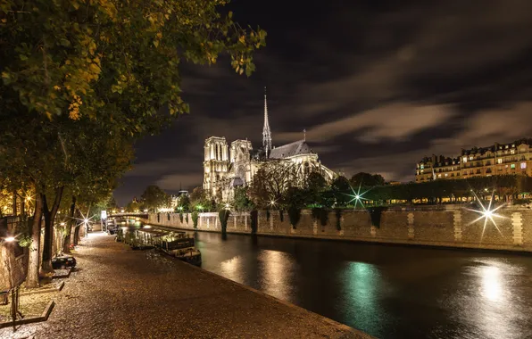 Картинка ночь, огни, река, Франция, Париж, Сена, собор парижской богоматери, остров Сите