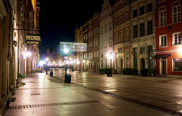 Dark, night, street, building, gdansk