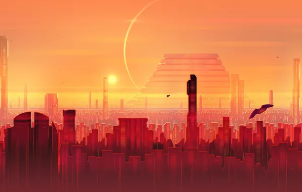 Закат, Солнце, Город, Небоскребы, Здания, City, Арт, Фантастика