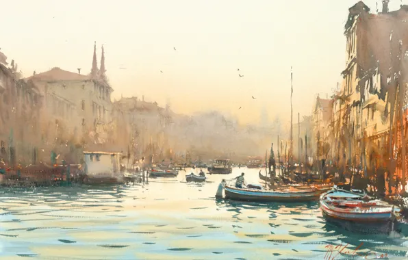 Картинка рассвет, лодки, акварель, венеция, каналы