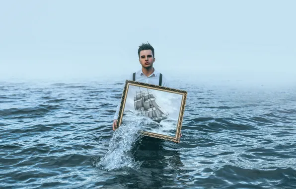 Картинка море, человек, корабль, картина
