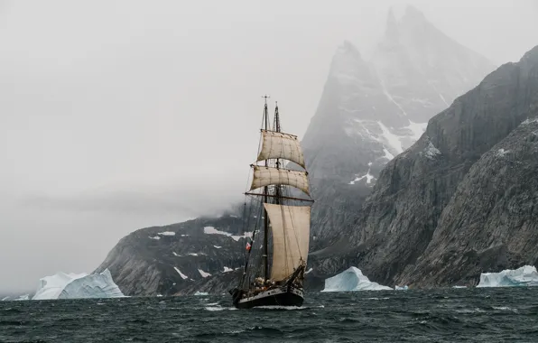 Картинка скалы, парусник, водоем, Greenland, Expedition to Scorestby Sound